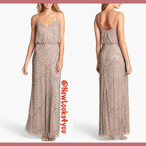 NEW Adrianna Papell‎ Art Deco Beaded Blouson Gown in Taupe Pink [SZ 10 12 14 ] - Picture 5 of 11